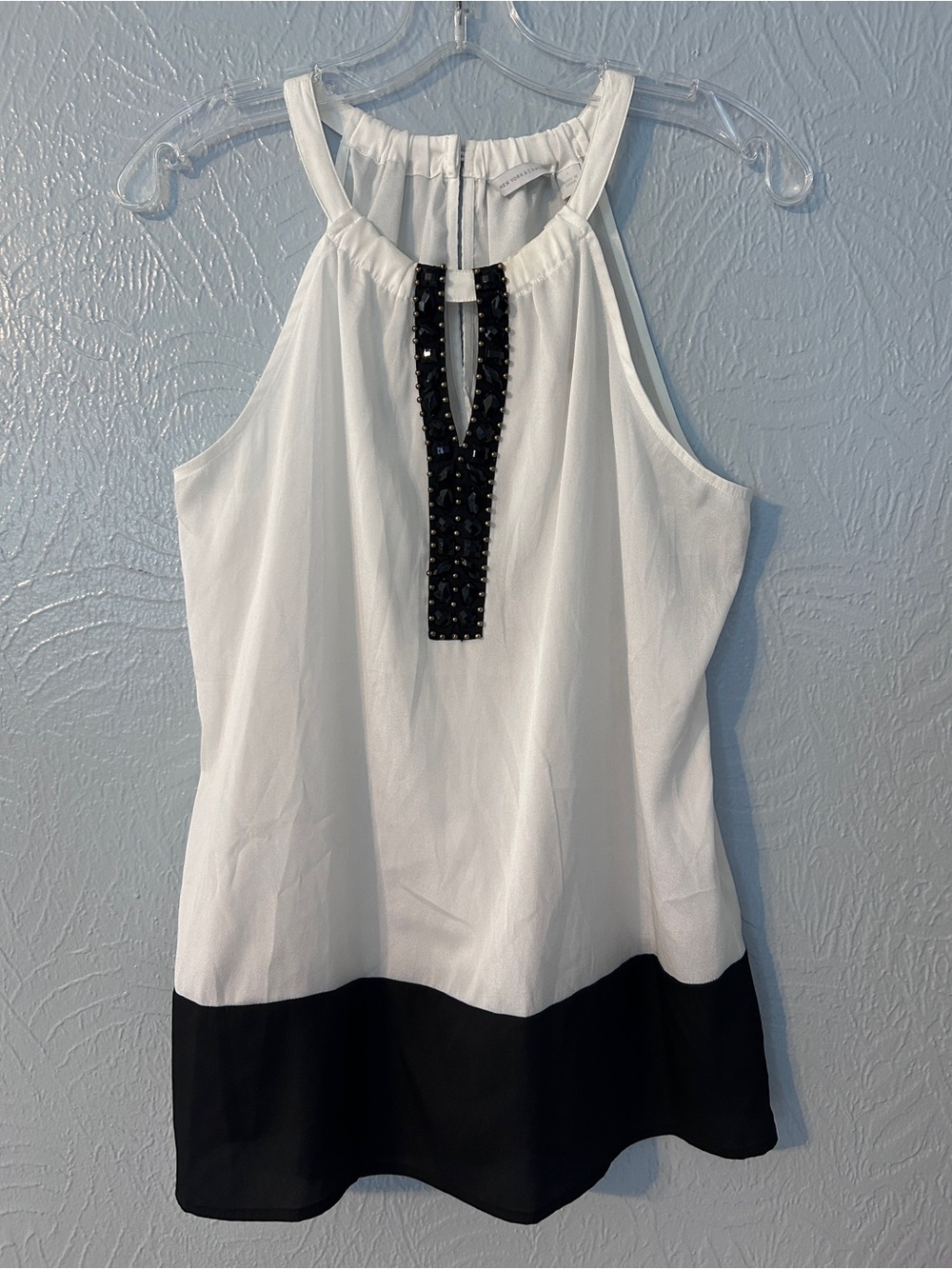 New York & Company White and Black Halter Camisole with Beaded Trim